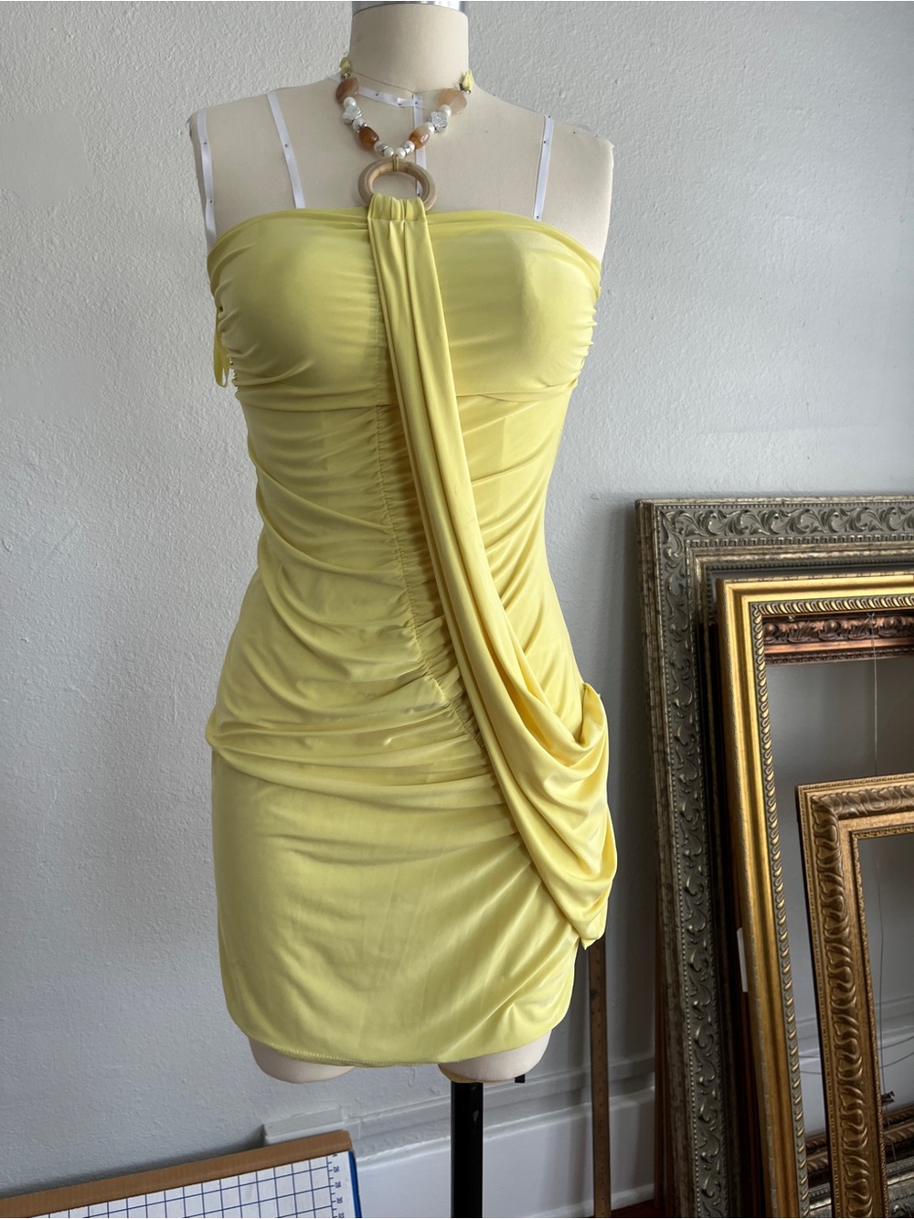 Yellow Y2K Mini Halter Tie Ruched Dress